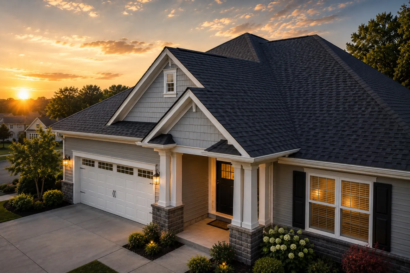 Freshly roofed home at sunset